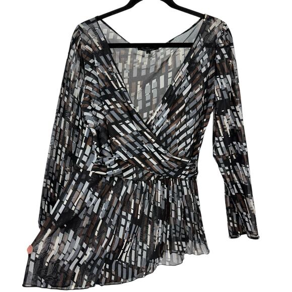 Karen Kane XL Patterned Mesh Knit Faux Wrap Top Long Sleeves Artsy - Picture 1 of 8